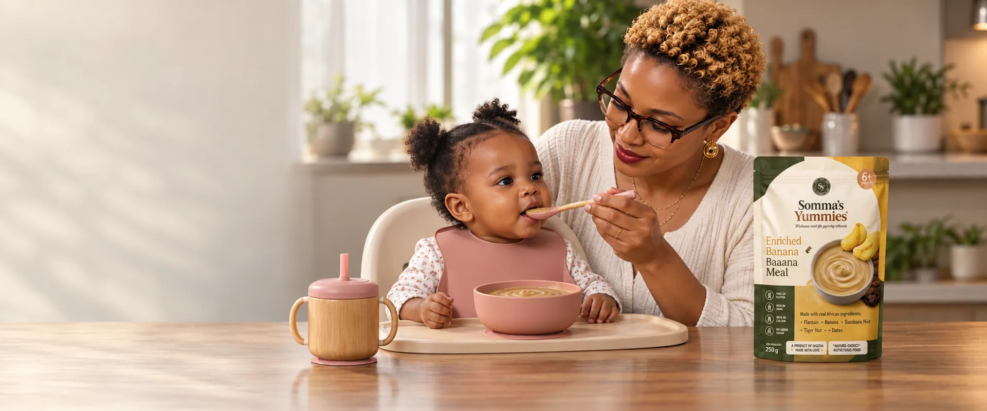 Nigerian mother and baby at feeding table