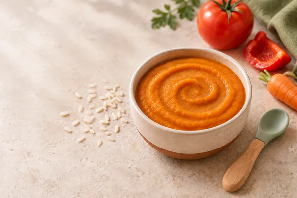 African-inspired baby meal, plated, warm styling, 600×400px