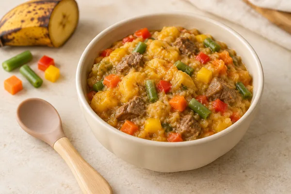 African-inspired toddler meal, plated, warm styling, 600×400px