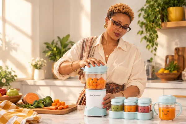 Baby food processor in use, food portioned into trays