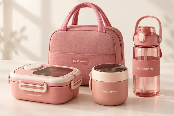 Parent packing BenChummy® school lunch bag, child nearby